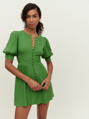 Reformation Laylin Dress in Kelly ~ green puff sleeve front button down mini dresses ~ feminine fitted bodice fashion