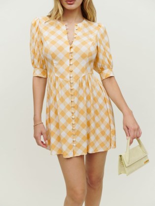 Reformation Laylin Dress in Bodie | yellow check print puff sleeved mini dresses | womens vintage style fashion | cute retro summer look