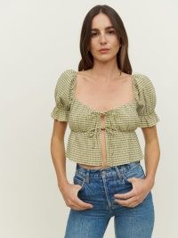 Reformation Lena Top Green Check | checked puff sleeved sweetheart neckline tops | front opening tie detail summer blouse | empire waist blouses