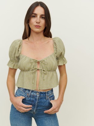 Reformation Lena Top Green Check | checked puff sleeved sweetheart neckline tops | front opening tie detail summer blouse | empire waist blouses - flipped