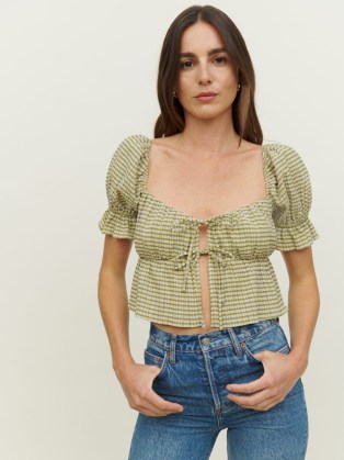 Reformation Lena Top Green Check | checked puff sleeved sweetheart neckline tops | front opening tie detail summer blouse | empire waist blouses