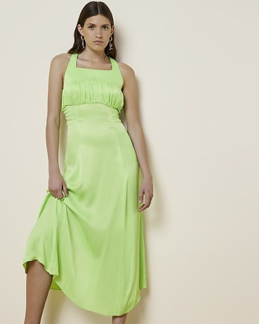 RIVER ISLAND LIME RI STUDIO SATIN RUCHED MIDI DRESS ~ green ruched bust flowing hem dresses ~ summer occasion fashion ~ open back tie detail - flipped