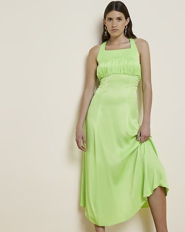 RIVER ISLAND LIME RI STUDIO SATIN RUCHED MIDI DRESS ~ green ruched bust flowing hem dresses ~ summer occasion fashion ~ open back tie detail