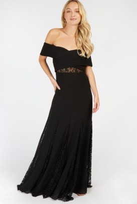 LITTLE MISTRESS Alessandra Black Lace Insert Maxi Dress ~ long length bardot prom dresses ~ women’s off the shoulder occasion fashion - flipped