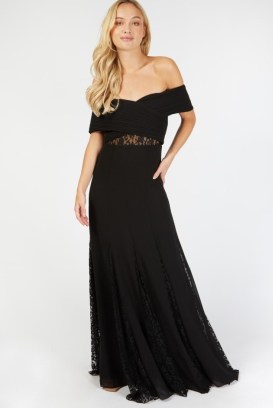 LITTLE MISTRESS Alessandra Black Lace Insert Maxi Dress ~ long length bardot prom dresses ~ women’s off the shoulder occasion fashion