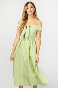 LITTLE MISTRESS Dawson Aloe Bardot Tie Front Midi Dress ~ pistachio green summer dresses ~ off the shoulder ~ sleeveless fit and flare