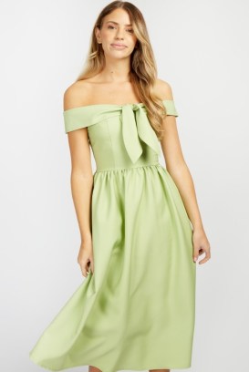 LITTLE MISTRESS Dawson Aloe Bardot Tie Front Midi Dress ~ pistachio green summer dresses ~ off the shoulder ~ sleeveless fit and flare - flipped
