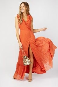 LITTLE MISTRESS Holland Orange Frill Wrap Maxi Dress ~ long length sleeveless tiered hem summer dresses ~ ruffle trim fashion ~