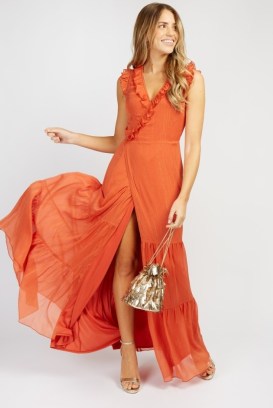 LITTLE MISTRESS Holland Orange Frill Wrap Maxi Dress ~ long length sleeveless tiered hem summer dresses ~ ruffle trim fashion ~ - flipped