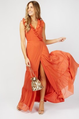 LITTLE MISTRESS Holland Orange Frill Wrap Maxi Dress ~ long length sleeveless tiered hem summer dresses ~ ruffle trim fashion ~