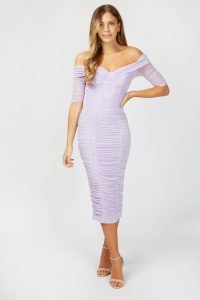 LITTLE MISTRESS Kari Lilac Bardot Ruched Bodycon Midi Dress ~ fitted off the shoulder pencil dresses ~ gathered occasion dresses ~ glamorous party fashion