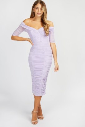 LITTLE MISTRESS Kari Lilac Bardot Ruched Bodycon Midi Dress ~ fitted off the shoulder pencil dresses ~ gathered occasion dresses ~ glamorous party fashion - flipped