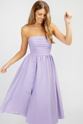 LITTLE MISTRESS Rosamund Lilac Bandeau Pleated Midi Dress ~ strapless fit and flare dresses ~ women’s vintage style summer fashion - flipped
