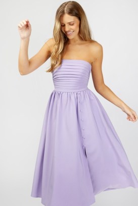 LITTLE MISTRESS Rosamund Lilac Bandeau Pleated Midi Dress ~ strapless fit and flare dresses ~ women’s vintage style summer fashion