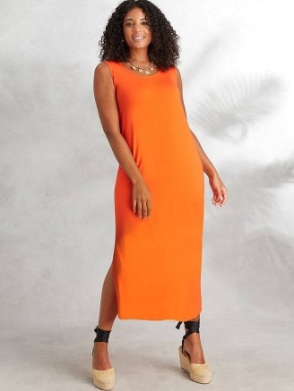 John Lewis Live Unlimited Curve Sleeveless Jersey Midi Dress, Orange – epitome of summer chic.