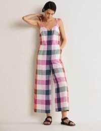 Lola Strappy Linen Jumpsuit Bonbon and Pink Flambe – beautiful checked sleeveless jumpsuits – womens linen summer fashion