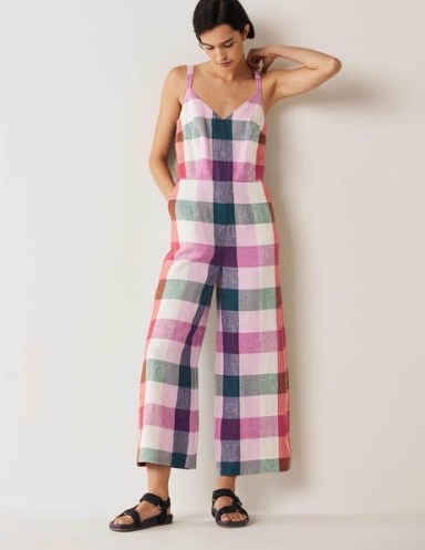 Boden Lola Strappy Linen Jumpsuit Bonbon and Pink Flambe – beautiful checked sleeveless jumpsuits – womens linen summer fashion - flipped