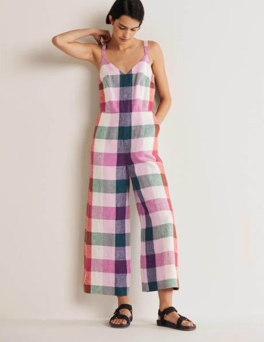 Boden Lola Strappy Linen Jumpsuit Bonbon and Pink Flambe – beautiful checked sleeveless jumpsuits – womens linen summer fashion