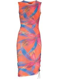 Louisa Ballou Heatwave graphic print ruched dress / fitted semi sheer sleeveless floral dresses / side drawstring fastening / ruched detail fashion / FARFETCH