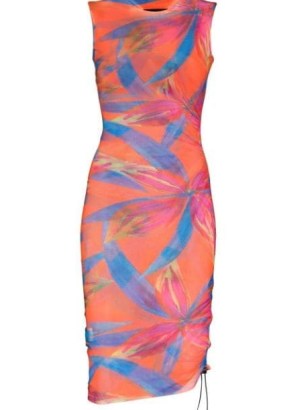 Louisa Ballou Heatwave graphic print ruched dress / fitted semi sheer sleeveless floral dresses / side drawstring fastening / ruched detail fashion / FARFETCH