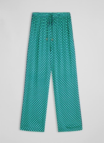L.K. BENNETT Lucia Green and Navy Geometric Print Trousers ~ women’s resort wear ~ womens lightweight floaty fabric summer pants - flipped