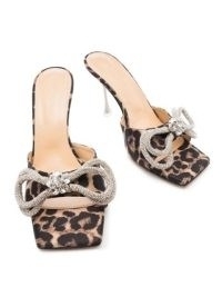 MACH & MACH crystal-embellished leopard print satin mules ~ brown animal square toe mule sandals ~ women’s designer footwear ~ FARFETCH