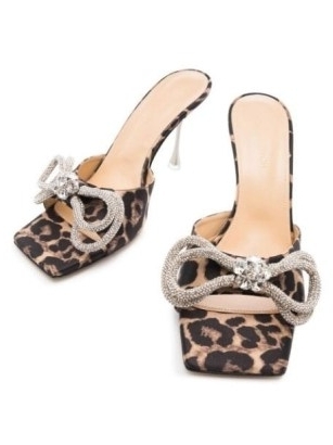 MACH & MACH crystal-embellished leopard print satin mules ~ brown animal square toe mule sandals ~ women’s designer footwear ~ FARFETCH - flipped
