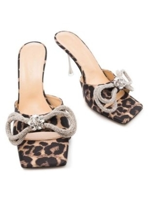 MACH & MACH crystal-embellished leopard print satin mules ~ brown animal square toe mule sandals ~ women’s designer footwear ~ FARFETCH