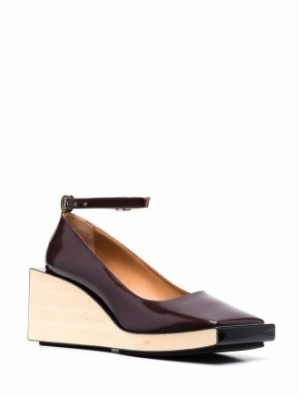 Maison Margiela square-toe wedge courts – brown ankle strap wedges – women’s contemporary footwear – wedged heels – FARFETCH