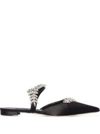 Manolo Blahnik Lurum crystal-embellished mules / black satin pointed toe flats / FARFETCH women’s designer footwear