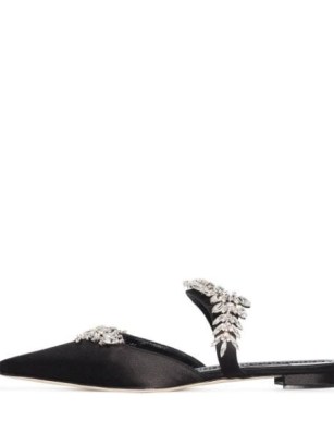 Manolo Blahnik Lurum crystal-embellished mules / black satin pointed toe flats / FARFETCH women’s designer footwear - flipped