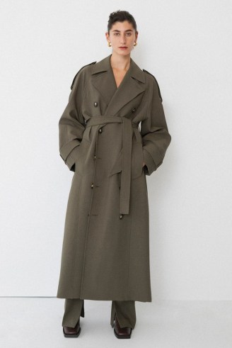 CAMILLA AND MARC Mateo Trench Coat in Willow Green | womens longline tie waist coats - flipped