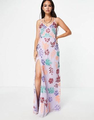 Maya embroidered cross back slip dress in lilac ~ sequinned cami strap maxi dresses ~ floral sequin occasion fashion ~ women’s feminine evening event clothes ~ asos clothing ~ thigh high slit hem - flipped