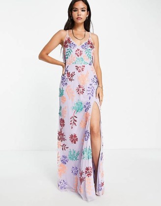 Maya embroidered cross back slip dress in lilac ~ sequinned cami strap maxi dresses ~ floral sequin occasion fashion ~ women’s feminine evening event clothes ~ asos clothing ~ thigh high slit hem