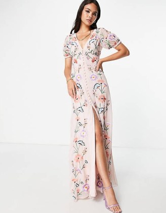 Maya embroidered tea dress in blush ~ light pink floral thigh high split maxi dresses ~ womens puff sleeve occasion clothes ~ women’s feminine evening fashion ~ asos clothing - flipped