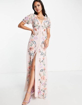 Maya embroidered tea dress in blush ~ light pink floral thigh high split maxi dresses ~ womens puff sleeve occasion clothes ~ women’s feminine evening fashion ~ asos clothing