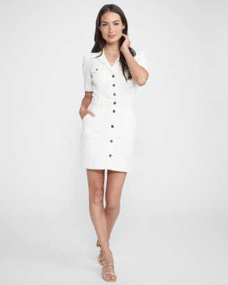 PAIGE Mayslie Denim Dress in Blank Canvas | white button front utility inspired dresses - flipped