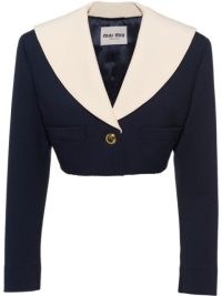 Miu Miu cropped wool jacket ~ womens navy blue crop hem jackets ~ women’s designer fashion at FARFETCH