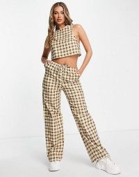 Motel high neck cross back crop top and low rise relaxed trousers with drawstring / women’s brown checked fashion sets / crop hem tops / womens check print clothing co-ords / asos