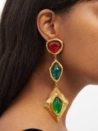 SAINT LAURENT Triple-drop glass-crystal earrings ~ gold brass statement drops ~ women’s designer jewellery ~ MATCHESFASHION