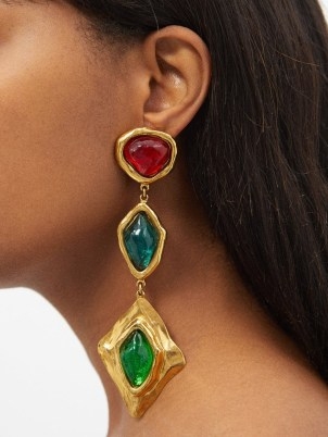 SAINT LAURENT Triple-drop glass-crystal earrings ~ gold brass statement drops ~ women’s designer jewellery ~ MATCHESFASHION - flipped