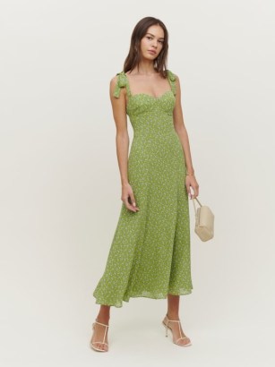 Reformation Nadira Dress in Arlo ~ green floral tie shoulder strap midi dresses ~ feminine summer fashion ~ fitted bodice