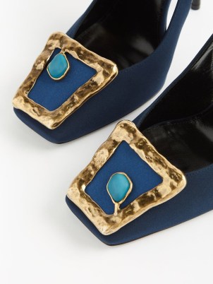 SAINT LAURENT Maxine 115 buckled leather slingback pumps ~ navy silk embellished high heel slingbacks ~ blue front buckle detail stiletto heels ~ women’s square toe footwear at MATCHESFASHION - flipped
