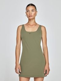 Nike Bliss Luxe Dress MEDIUM OLIVE/CLEAR ~ women’s green sleeveless built-in bodysuit training dresses ~ womens sportswear ~ sports clothes ~ CARBON38