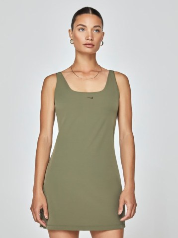 Nike Bliss Luxe Dress MEDIUM OLIVE/CLEAR ~ women’s green sleeveless built-in bodysuit training dresses ~ womens sportswear ~ sports clothes ~ CARBON38 - flipped