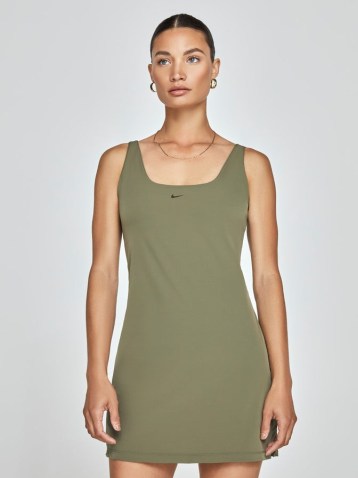 Nike Bliss Luxe Dress MEDIUM OLIVE/CLEAR ~ women’s green sleeveless built-in bodysuit training dresses ~ womens sportswear ~ sports clothes ~ CARBON38