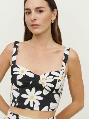 Reformation Nikki Bustier Top in Groovy | sleeveless sweetheart neckline crop tops | women’s floral print denim fashion - flipped
