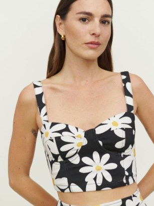 Reformation Nikki Bustier Top in Groovy | sleeveless sweetheart neckline crop tops | women’s floral print denim fashion