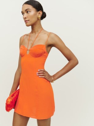 Reformation Ocean Dress in Citrus / orange skinny strap halterneck mini dresses / sweetheart neckline with bustier fit / glamorous halter evening fashion / women’s glam party clothes