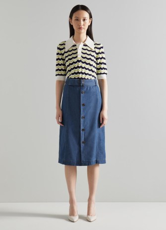 L.K. BENNETT Oda Blue Denim Longline Skirt ~ belted front button up skirts ~ women’s wardrobe essentials - flipped